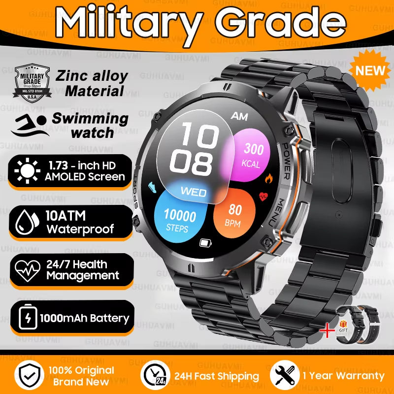 New Military T-Rex3 1000Mah Battery Smartwatch Men 10ATM Waterproof GPS Compass 1.73-Inch AMOLED Screen Call Sports Smartwatches