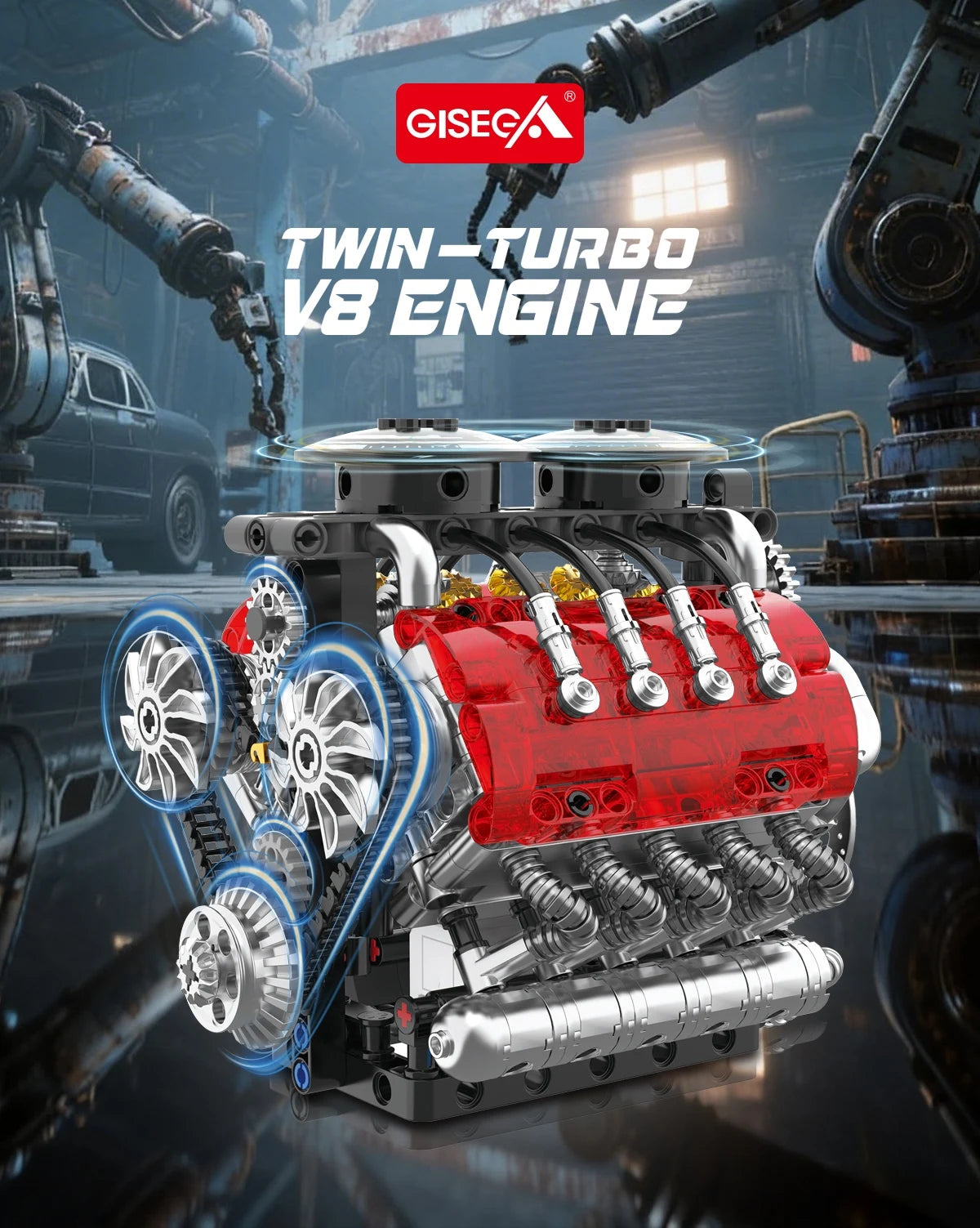 G8911 548Pcs Twin-Turbo Engine Motorized Simulation V8 Engine Model Kit Small Particle Assembly Building Blocks DIY Toys Gift