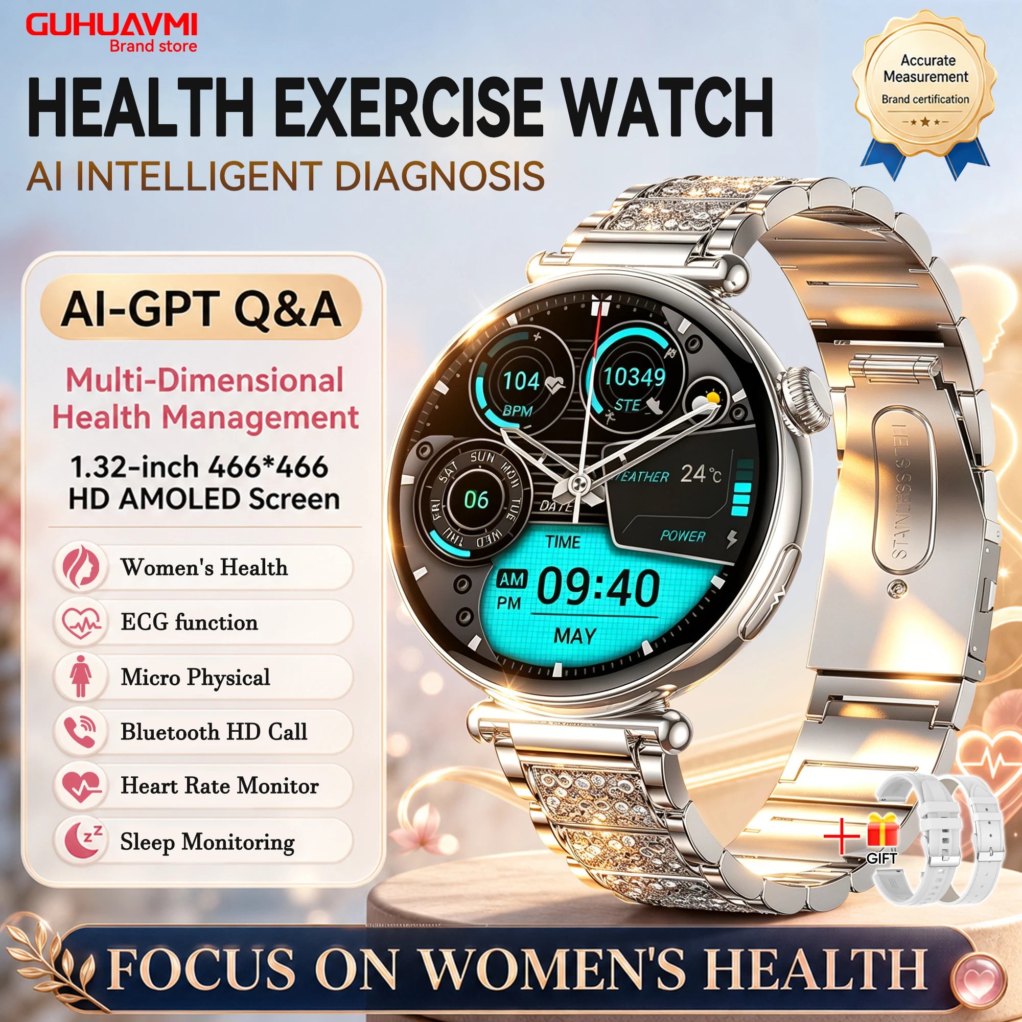 2026 New Women Health Smartwatch 1.32-Inch AMOLED Screen ECG Blood Pressure Body Fat Heart Rate Bluetooth Call Ladies Smartwatch