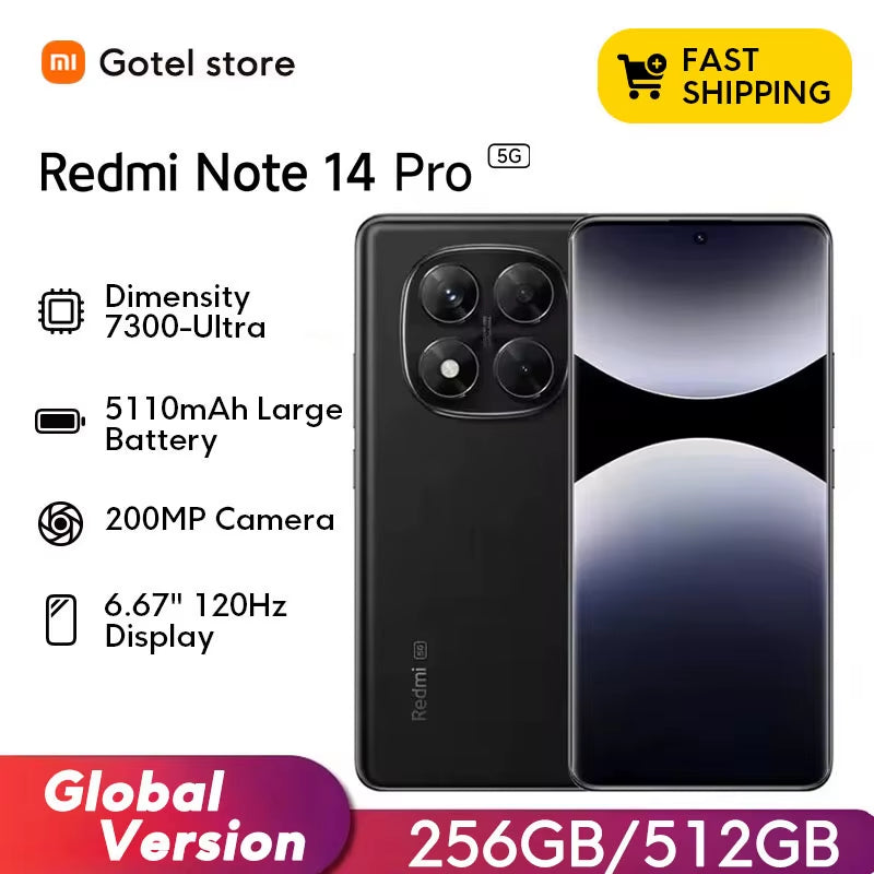 Redmi Note 14 Pro 5G Smartphone Mediatek Dimensity 7300-Ultra NFC 200MP AI Camera 1.5K 120Hz AMOLED Display IP68