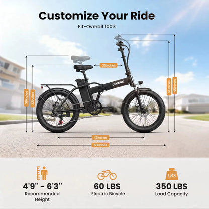Waterfall Folding Electric Bike 1000W Peak 48V 13.5AH Removable Battery Electric Bicycle 20" Fat Tire 28 MPH Max E-Bike