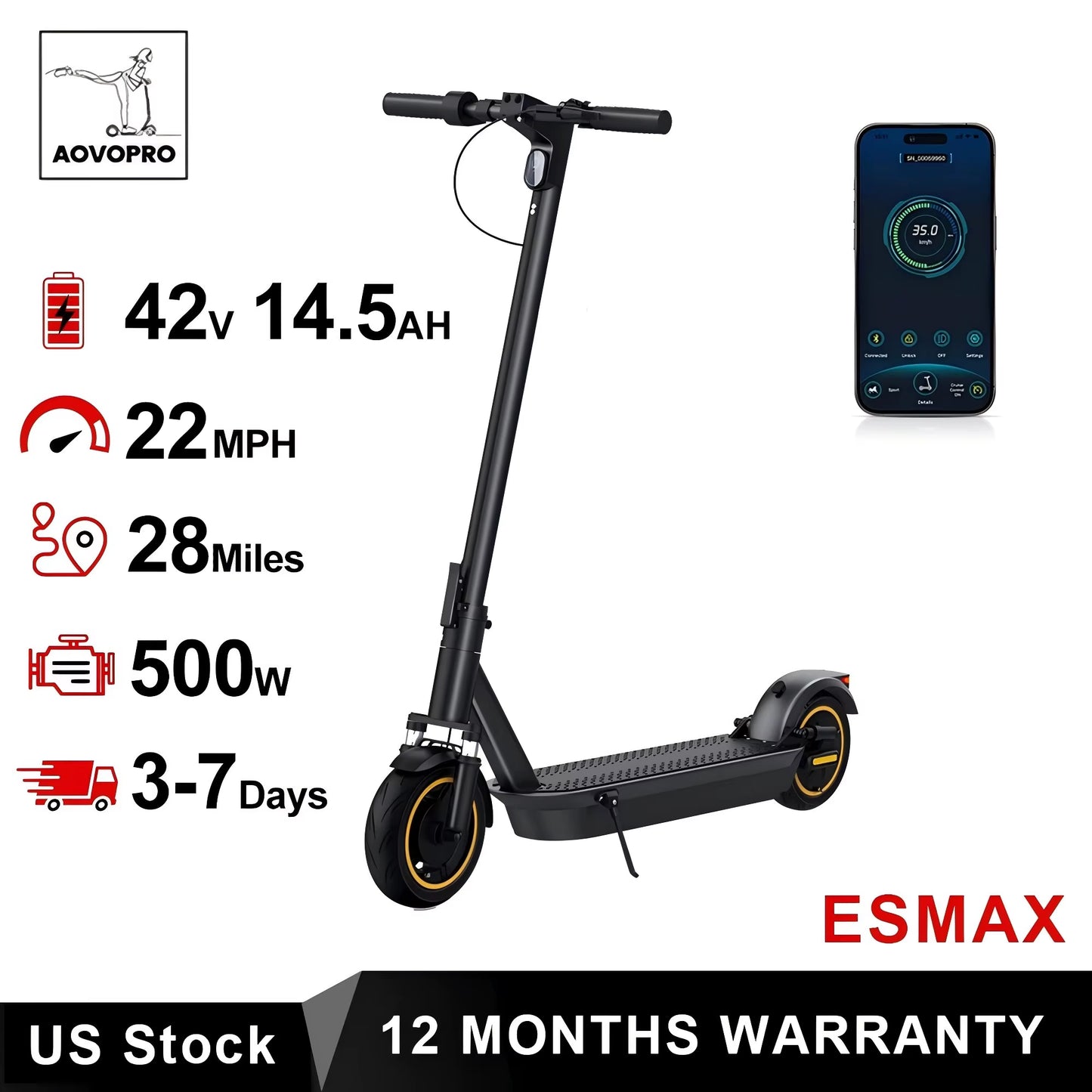 ESMAX Electric Scooter 500W 22Mph Adult APP Smart Scooter 28Miles Shock-Absorbing Anti-Skid Folding Electric Scooter