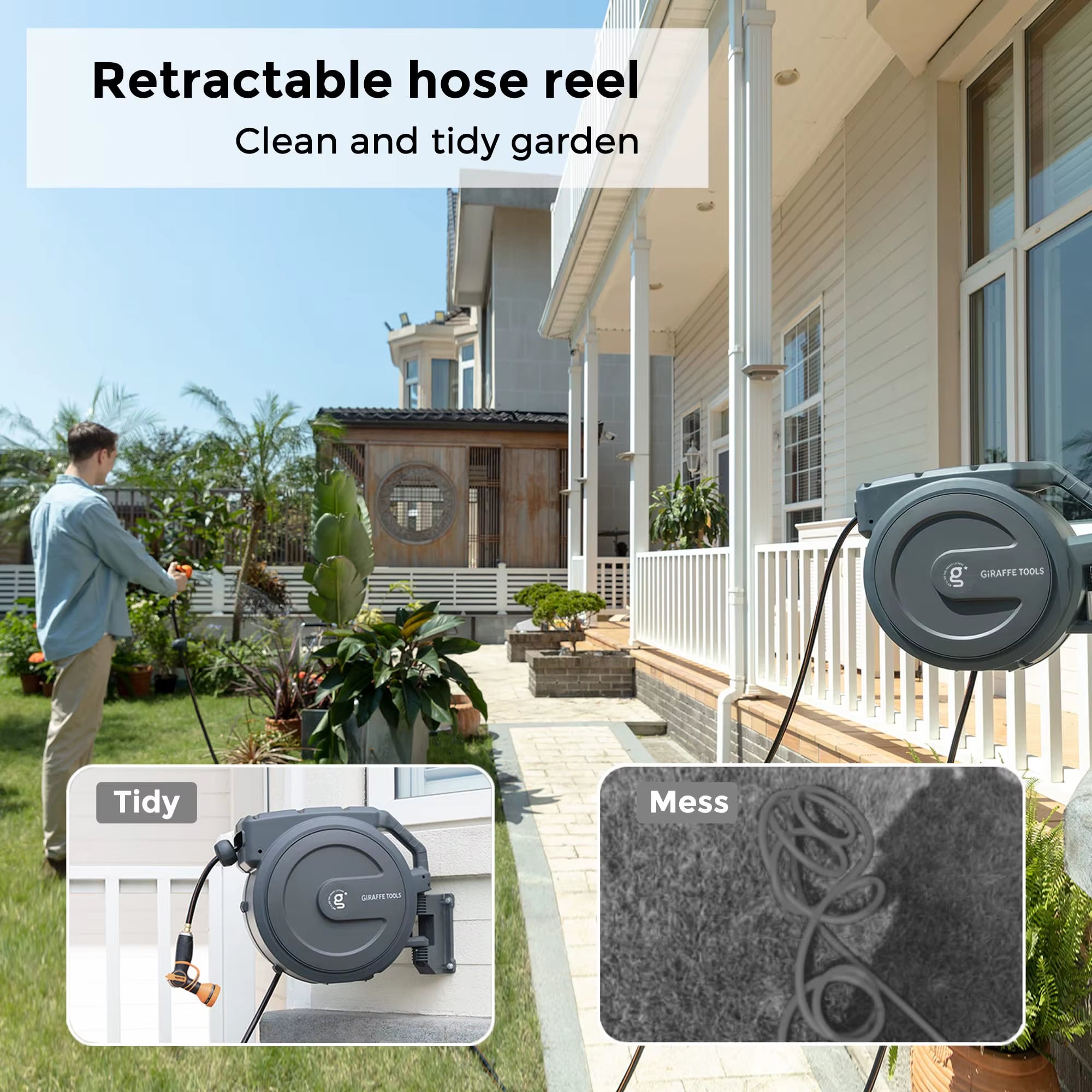 AW40 Retractable Hose Reel 5/8" X 90 Ft Wall Mounted Garden Hose Reel Heavy Duty, Automatic Rewind