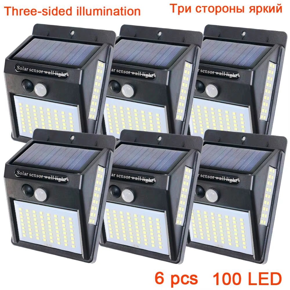 PIR Motion Sensor 100LED Sunlight Control 3 Sided Solar Energy Street Light Yard Path Home Garden Solar Power Lamp Wall Light