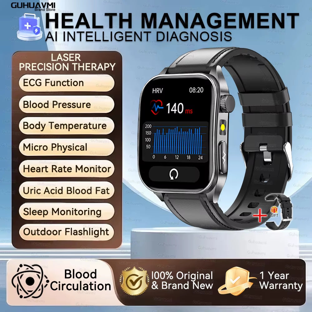 2026 New Health Smart Watch Laser Therapy Reduce Three Highs Blood Oxygen Pressure Uric Acid Blood Lipid ECG Smartwatch for Man