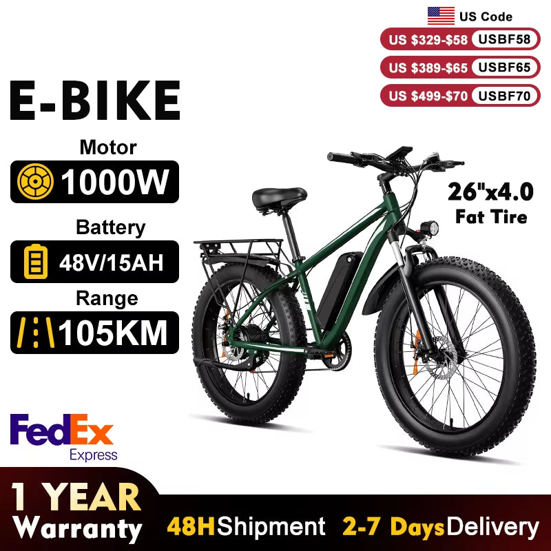 Wholesale off Road 26 Inch Fat Electric Electronic Pedal Assist Cross Trek Bike 1500W Import Bicycle from China