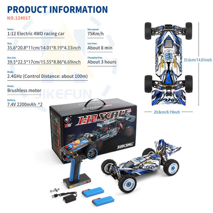 Wltoys 124017 RC Car 75KM/H 2.4G Brushless Remote Control Vehicle 4WD Electric High Speed Racing Drift Truck Toys for Children