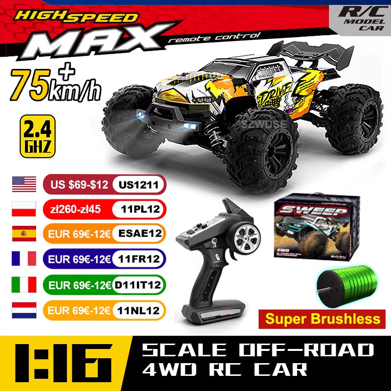 16101 Pro 1:16 75KM/H 4WD RC Car with LED Light 2.4G Remote Control Cars High Speed Drift Monster Truck for Children Gift