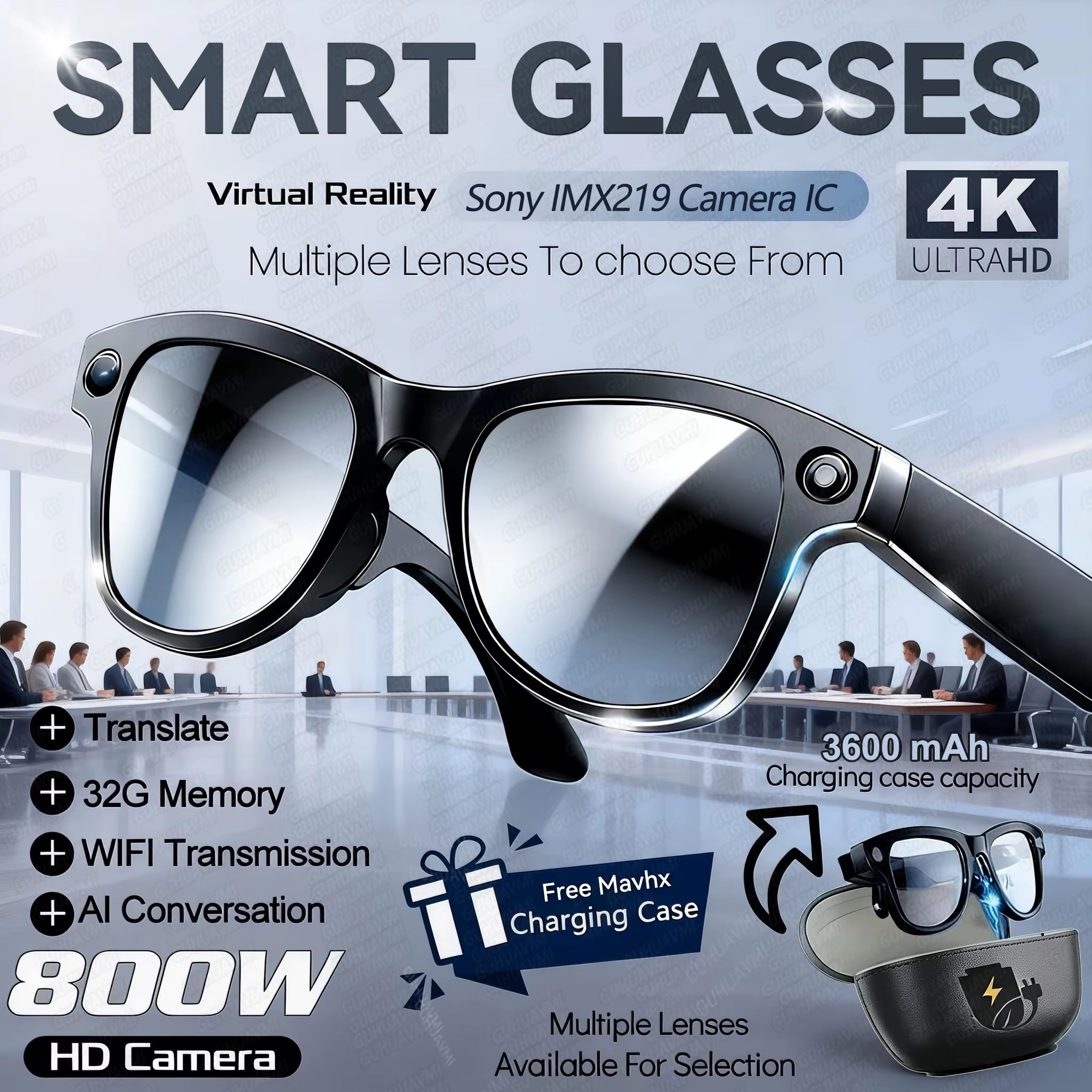 New 800W 4K HD Camera Smart Glasses Men 3600Mah Power Bank 100+ Languages Translation Recording Videos Music Player Call Glasses