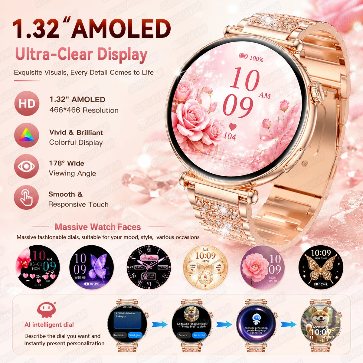 2026 New Women Health Smartwatch 1.32-Inch AMOLED Screen ECG Blood Pressure Body Fat Heart Rate Bluetooth Call Ladies Smartwatch