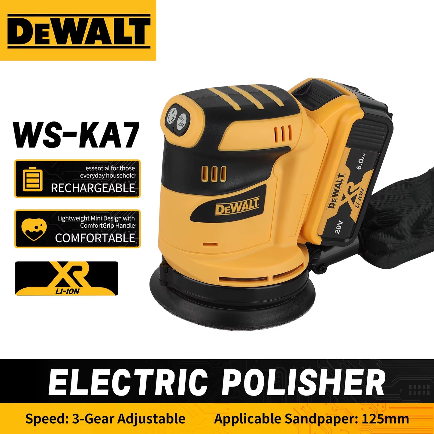 WS - KA7 XR LI - ION Electric Polisher – Rechargeable, Lightweight Mini, Comfortgrip, 3 - Gear Adjust, 125Mm Sandpaper