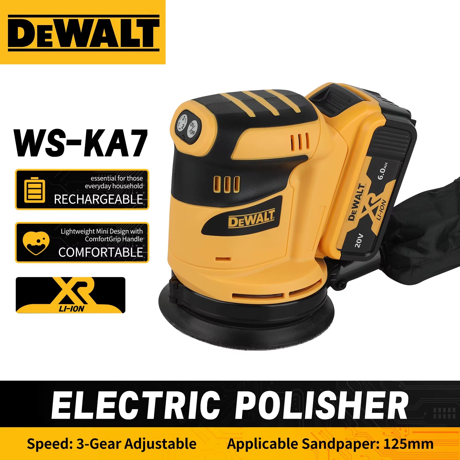 WS - KA7 XR LI - ION Electric Polisher – Rechargeable, Lightweight Mini, Comfortgrip, 3 - Gear Adjust, 125Mm Sandpaper