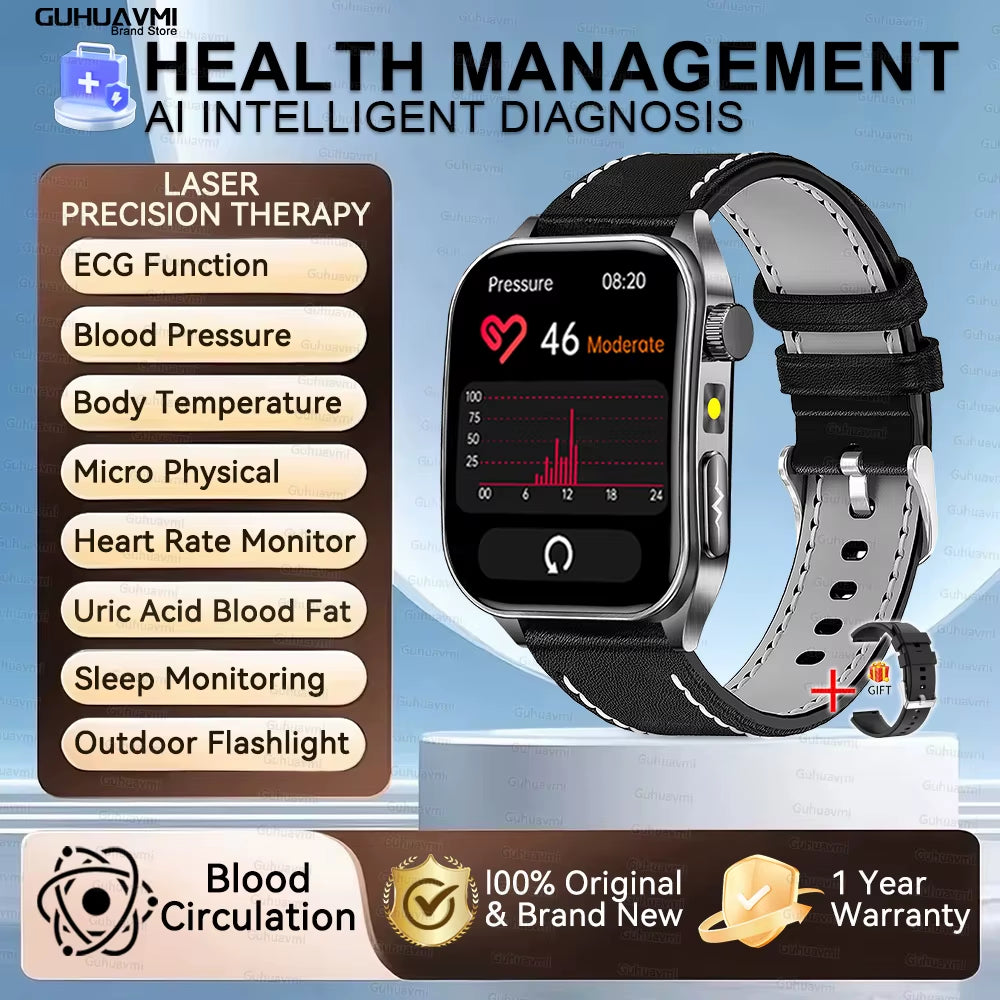 2026 New Health Smart Watch Laser Therapy Reduce Three Highs Blood Oxygen Pressure Uric Acid Blood Lipid ECG Smartwatch for Man