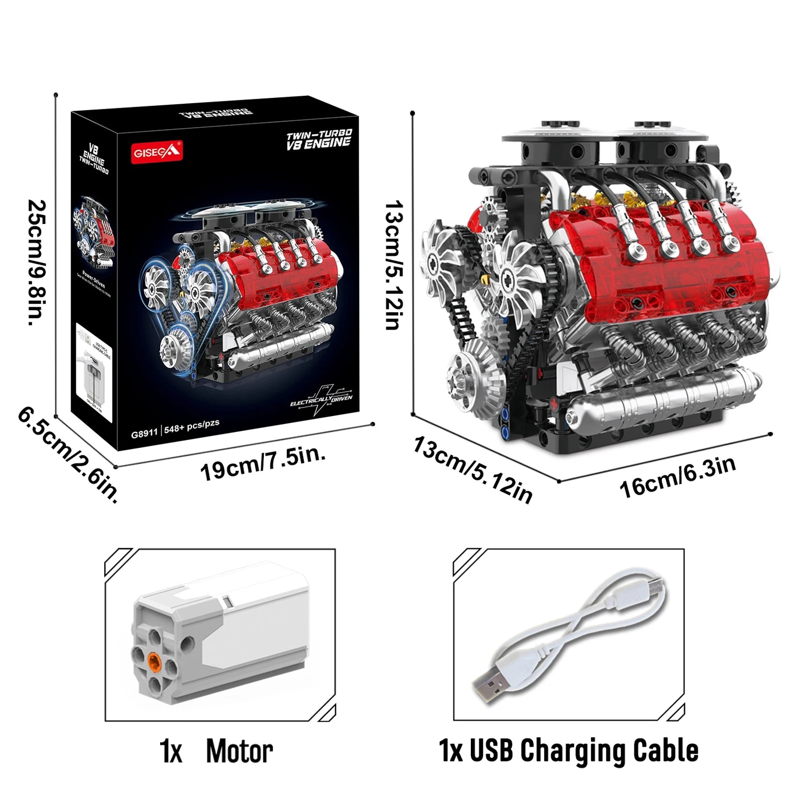 G8911 548Pcs Twin-Turbo Engine Motorized Simulation V8 Engine Model Kit Small Particle Assembly Building Blocks DIY Toys Gift