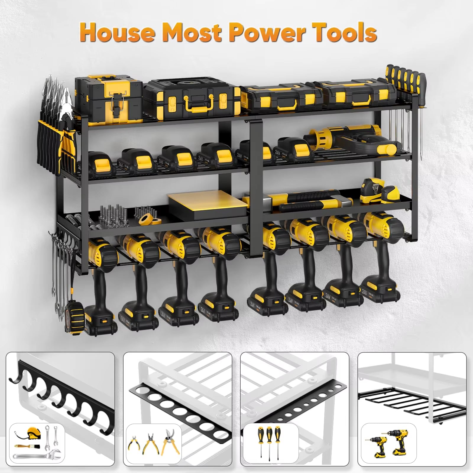 Power Tool Organizer Wall Mount, Extended Large Heavy Duty Drill Holder, 4 Layer Garage and Storage, Suitable Utility Racks