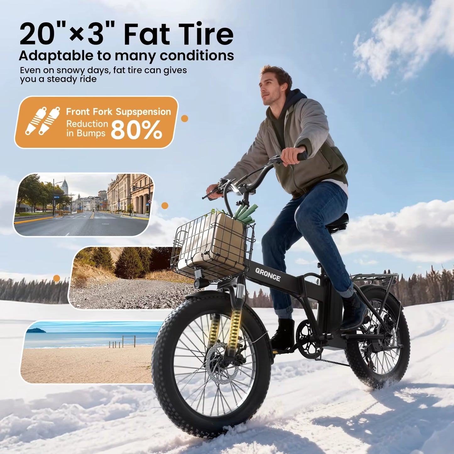 Waterfall Folding Electric Bike 1000W Peak 48V 13.5AH Removable Battery Electric Bicycle 20" Fat Tire 28 MPH Max E-Bike