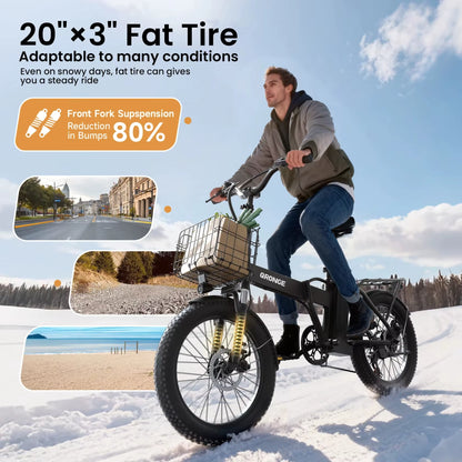 Waterfall Folding Electric Bike 1000W Peak 48V 13.5AH Removable Battery Electric Bicycle 20" Fat Tire 28 MPH Max E-Bike