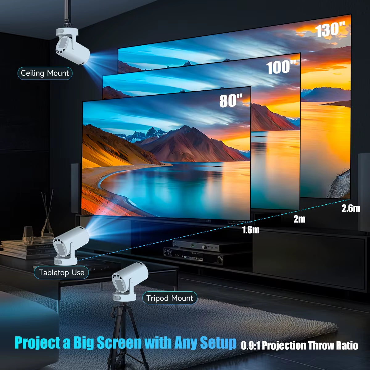 HY300 Pro + Projector 8K 720P with 5W Speaker Android 14 8000 Lumens Wifi 6 BT5.4 Outdoor Video Home Theater Projector