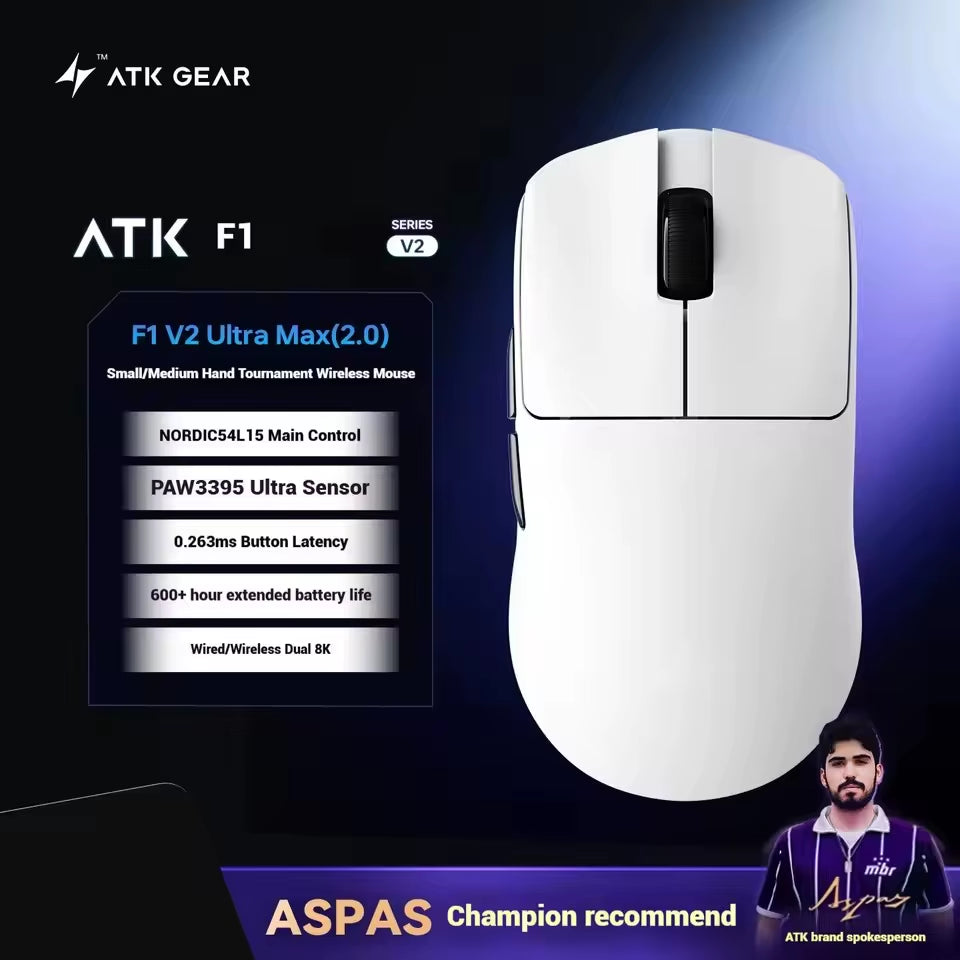ATK Blazing Sky F1 V2 Ultra Max Wireless Gaming Mouse Dual-Mode Lightweight Paw3950Ultra Dual 8K Low Latency Ergonomic Extreme