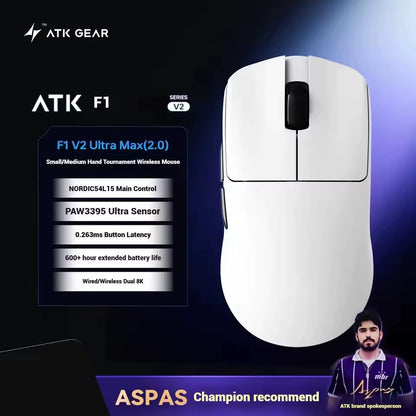 ATK Blazing Sky F1 V2 Ultra Max Wireless Gaming Mouse Dual-Mode Lightweight Paw3950Ultra Dual 8K Low Latency Ergonomic Extreme