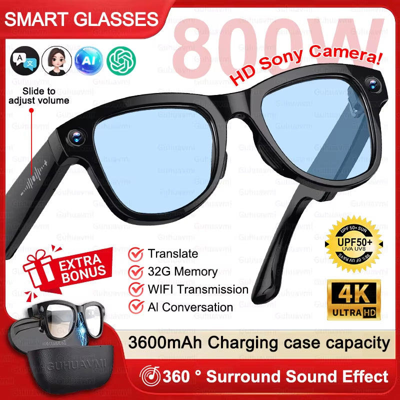 2026 New 3600Mah Large Battery Smart Glasses 8MP HD Camera Video Recording AI Photo Recognition Translation Voice Sunglasses Men