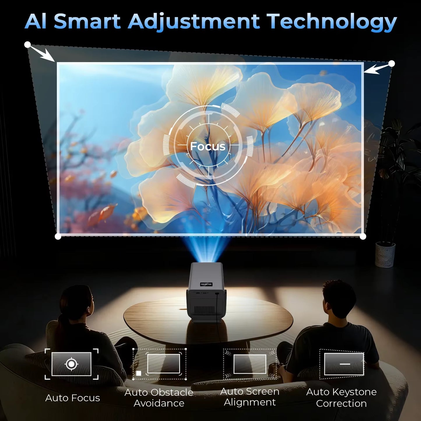 X7 AI Smart Projector with Android 14 OS Dolby, 8K Support 1080P UHD 2000 Ansl, Wifi6 & Bluetooth5.4, 200" Display Home Cinema