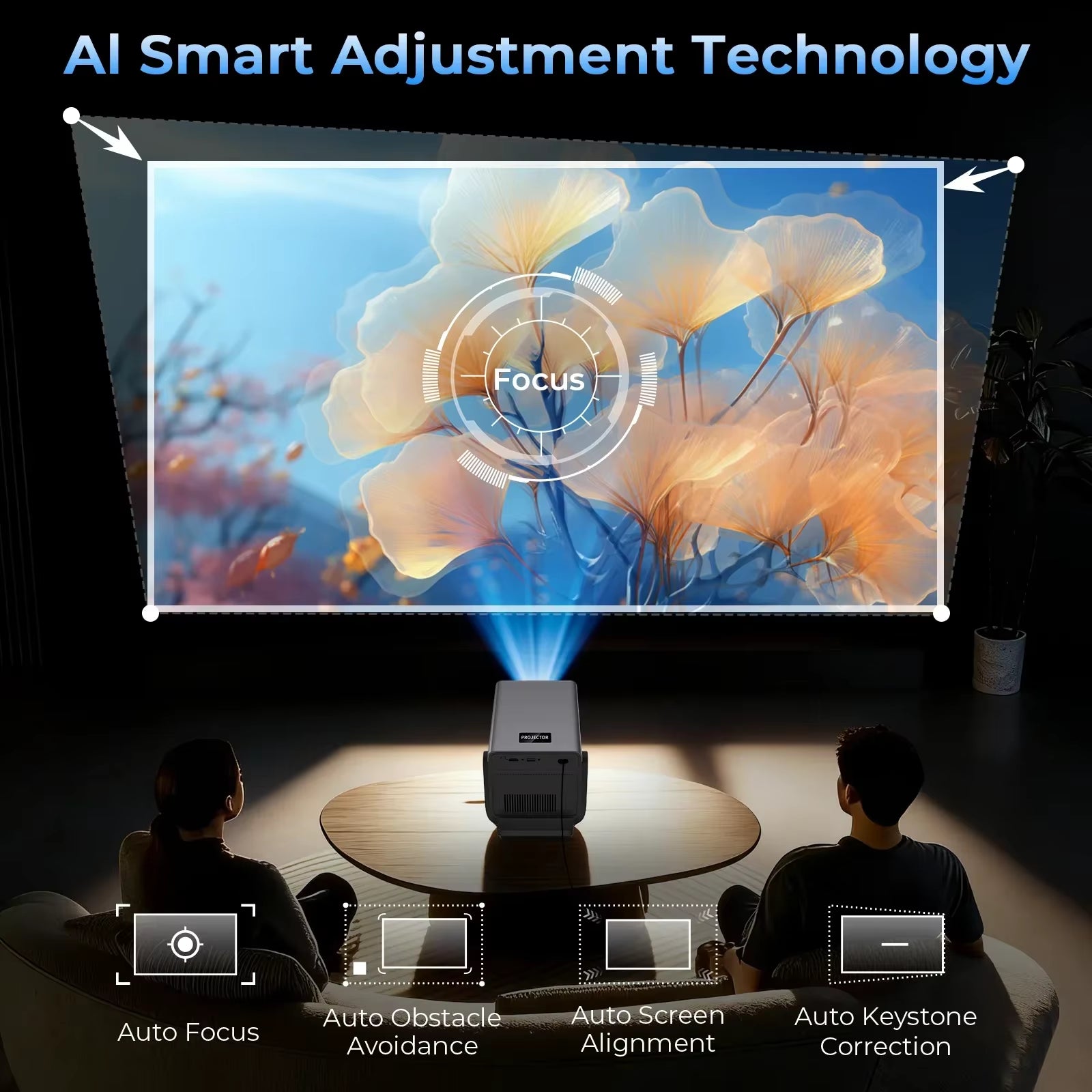 X7 AI Smart Projector with Android 14 OS Dolby, 8K Support 1080P UHD 2000 Ansl, Wifi6 & Bluetooth5.4, 200" Display Home Cinema