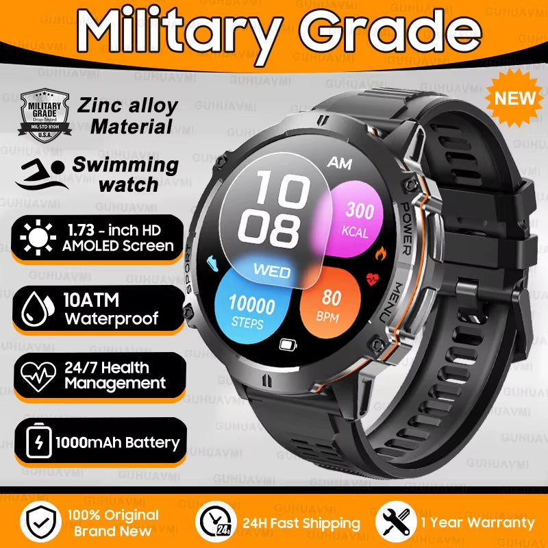 New Military T-Rex3 1000Mah Battery Smartwatch Men 10ATM Waterproof GPS Compass 1.73-Inch AMOLED Screen Call Sports Smartwatches
