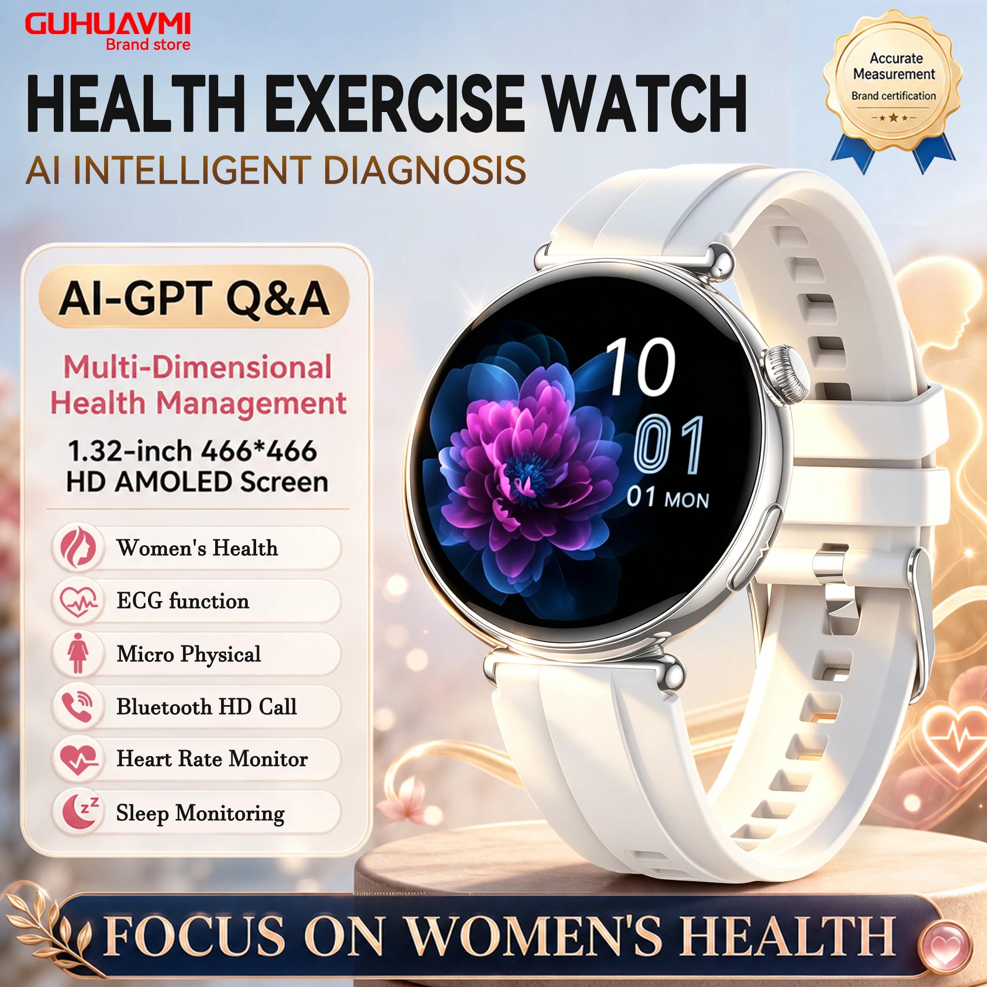 2026 New Women Health Smartwatch 1.32-Inch AMOLED Screen ECG Blood Pressure Body Fat Heart Rate Bluetooth Call Ladies Smartwatch
