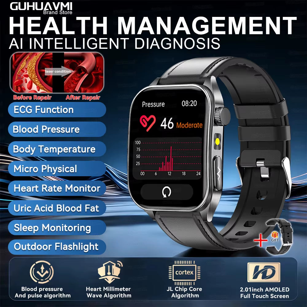 2026 New 650Nm Laser Therapy Health Smartwatch Men ECG Blood Pressure Lipid Uric Acid Bluetooth Call Smart Watch for Android IOS