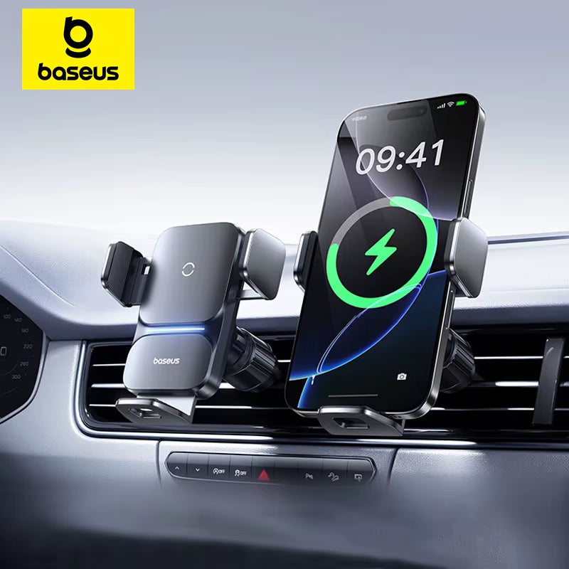 Baseus 15W Qi Wireless Car Phone Holder - Effortless Fast Charging & Auto-Clamping for iPhone and Samsung