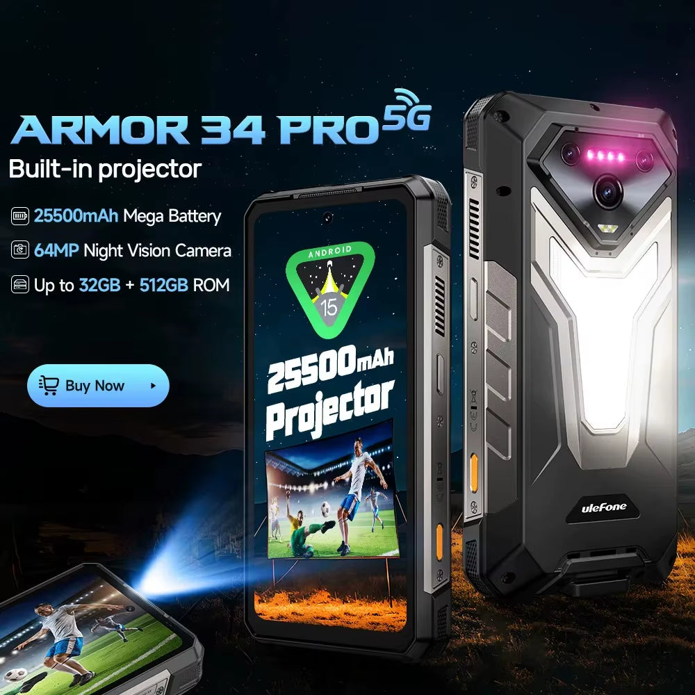 Armor 34 Pro 5G AI Rugged Phone 6.95" 25500Mah up to 32GB+512GB Built-In Projector 120Hz NFC Smartphone