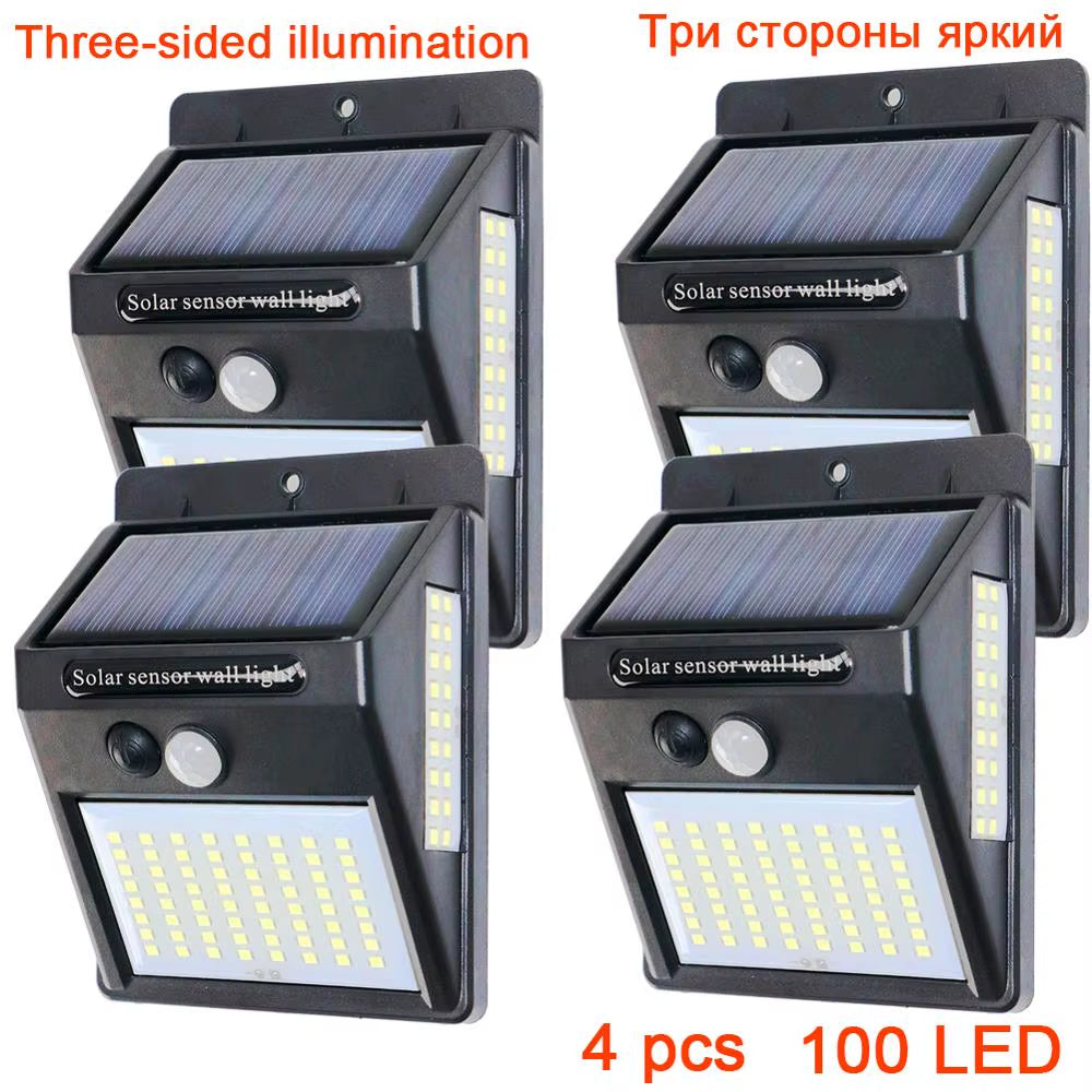 PIR Motion Sensor 100LED Sunlight Control 3 Sided Solar Energy Street Light Yard Path Home Garden Solar Power Lamp Wall Light