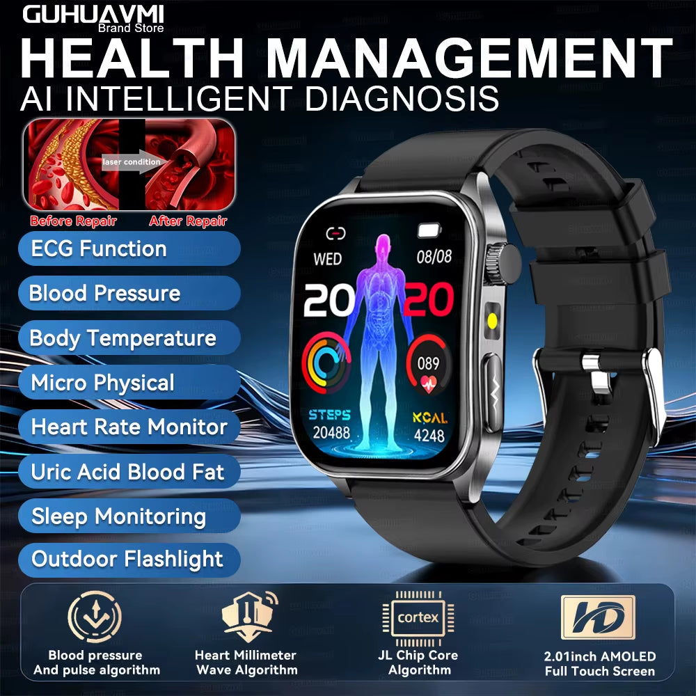 2026 New 650Nm Laser Therapy Health Smartwatch Men ECG Blood Pressure Lipid Uric Acid Bluetooth Call Smart Watch for Android IOS