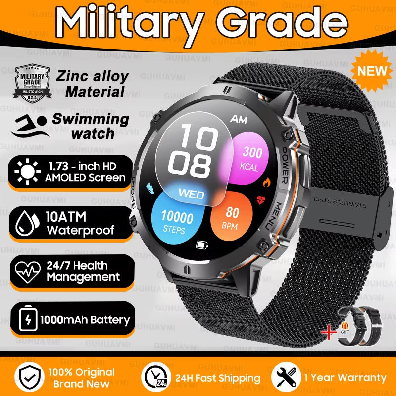 New Military T-Rex3 1000Mah Battery Smartwatch Men 10ATM Waterproof GPS Compass 1.73-Inch AMOLED Screen Call Sports Smartwatches