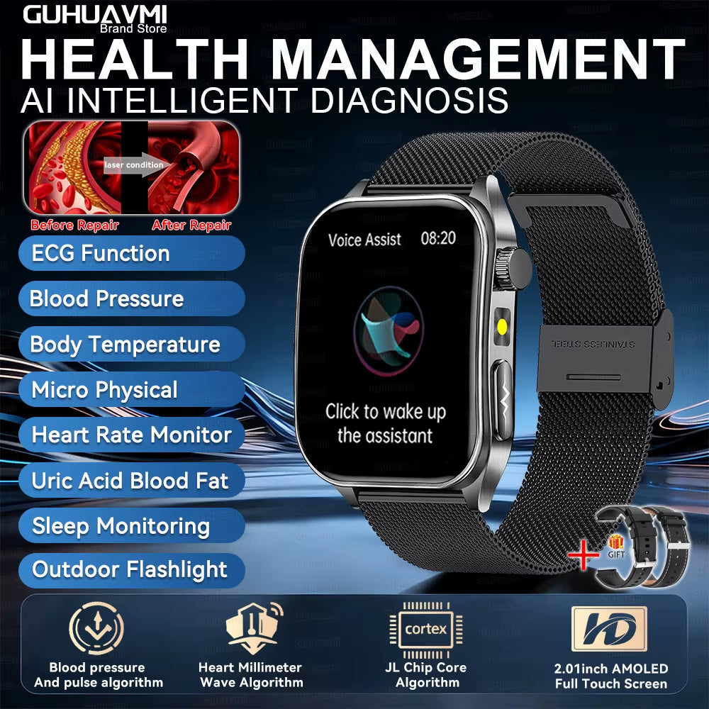2026 New 650Nm Laser Therapy Health Smartwatch Men ECG Blood Pressure Lipid Uric Acid Bluetooth Call Smart Watch for Android IOS