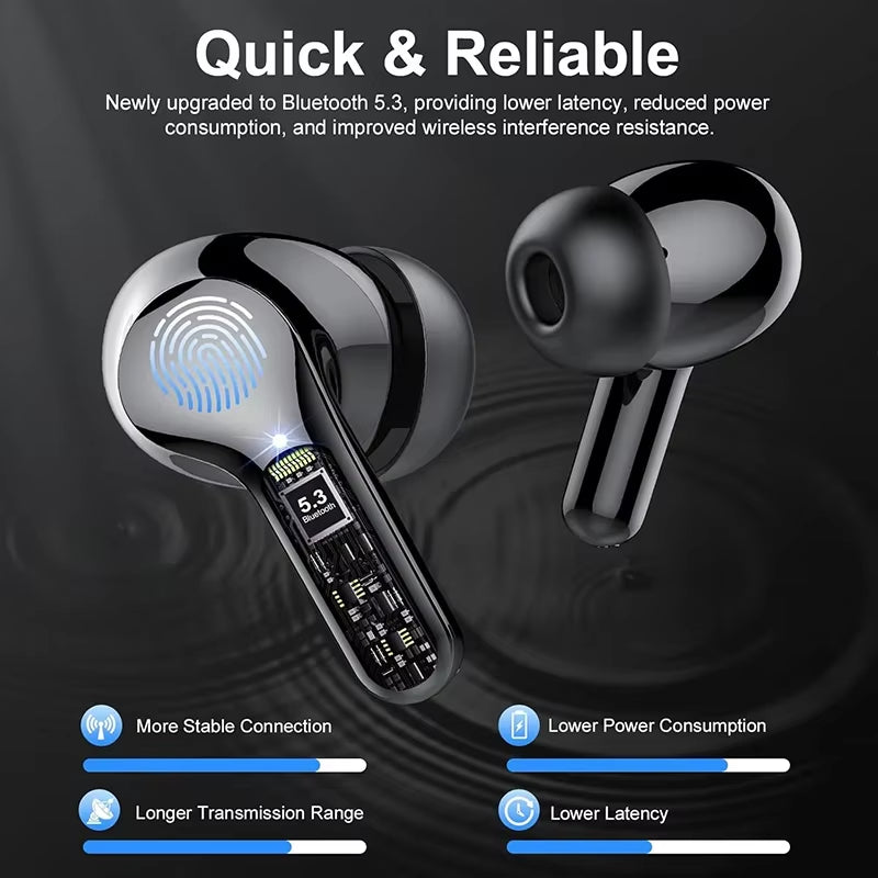 BT5.4 Wireless Ear Buds with LED Display Hifi Stereo Earbuds Headphones with IP7 Waterproof ENC Noise Cancelling Earphone
