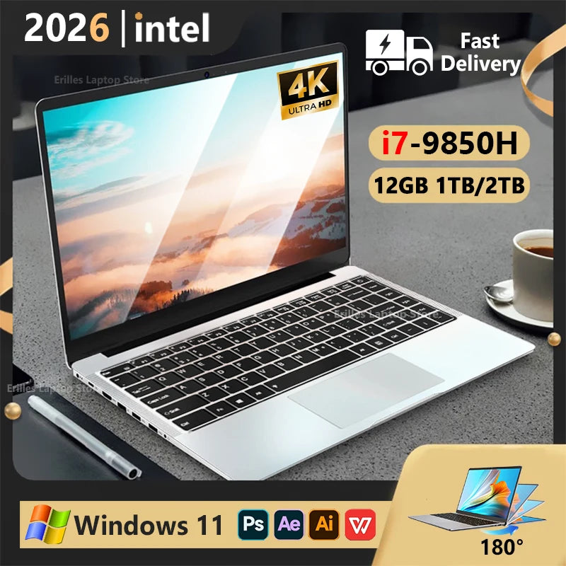 2026 Portable Laptop Windows 11  Core I7 9850H Laptops PC 12GB RAM 1TB 2TB SSD Ultra Slim Notebook 4K Office Study Computer