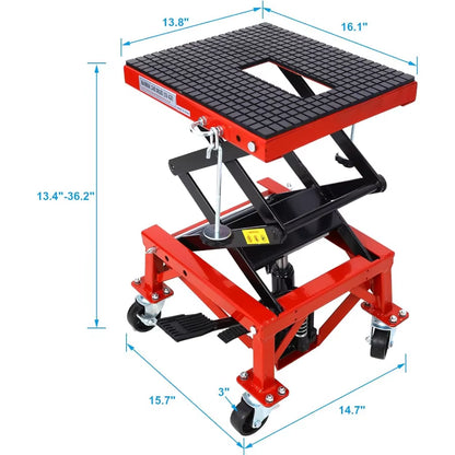 300 LBS Hydraulic Motorcycle Lift Jack Table Heavy-Duty Foot-Operated Scissor Lift with Wide Deck and J-Hooks for ATV and Dirt