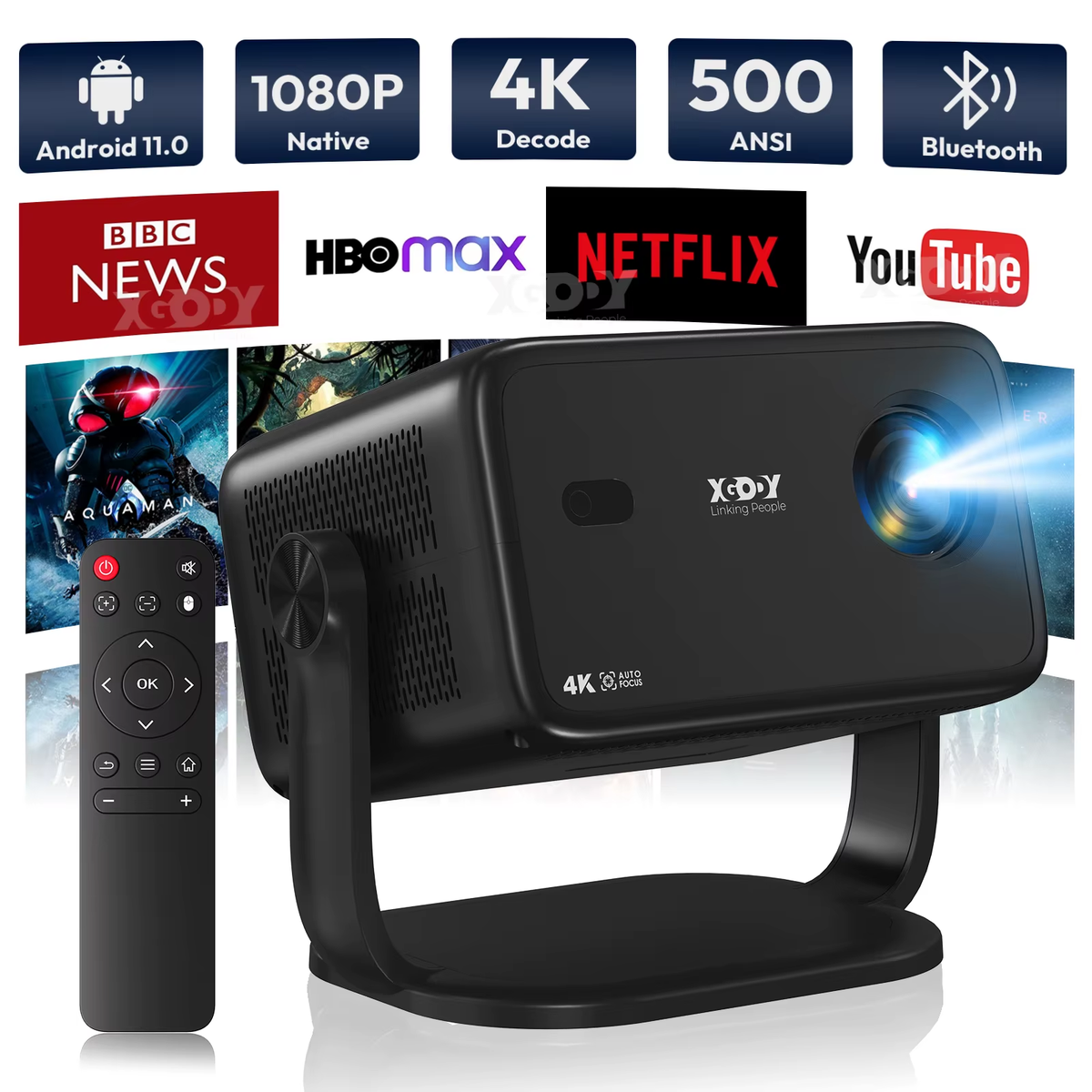 4K Android 11 Projector Native 1080P with Auto Keystone Focus Wifi 6 BT 5.4 Portable Outdoor Movie Home Cinema