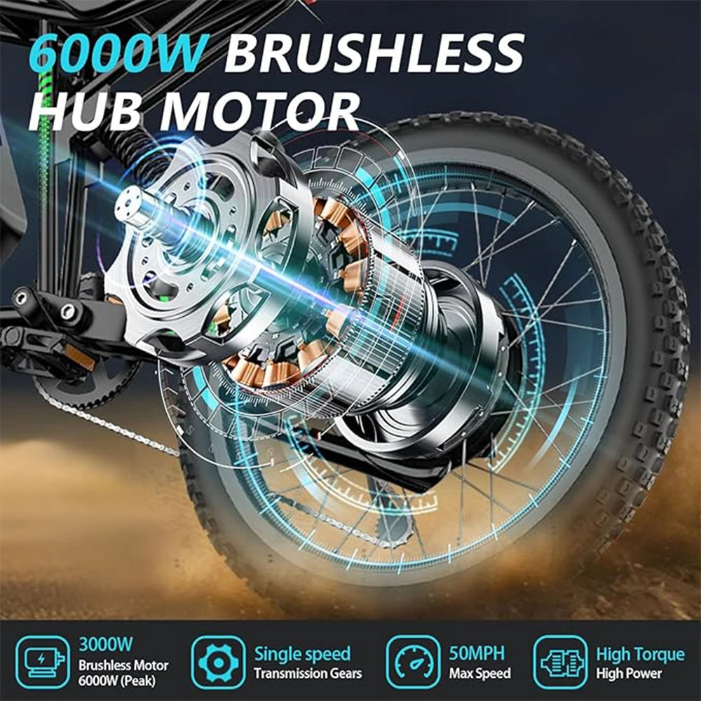 2025 50MPH Electric Bike 6000W Electric Dirt Bike with 60V25Ah Battery Max 50Miles Dual Hydraulic Brake Full Suspensions E-Bike