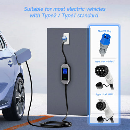 Power Up Your Drive: 7KW 32A Portable EV Charger with Smart WiFi Control for Type2/Type1 Electric Vehicles