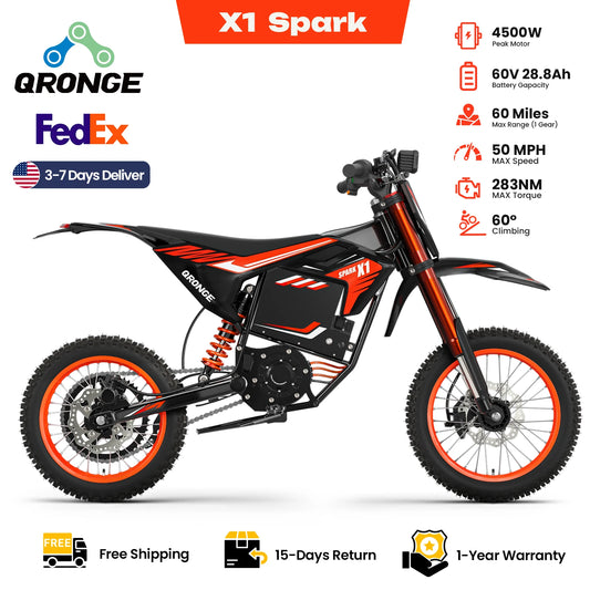 X1 Spark Electric Dirt Bike 4500W Peak 60V 28.8Ah 50MPH Electric Motorcycle 14/12" Fat Tire Mountain Off-Road E-Bike