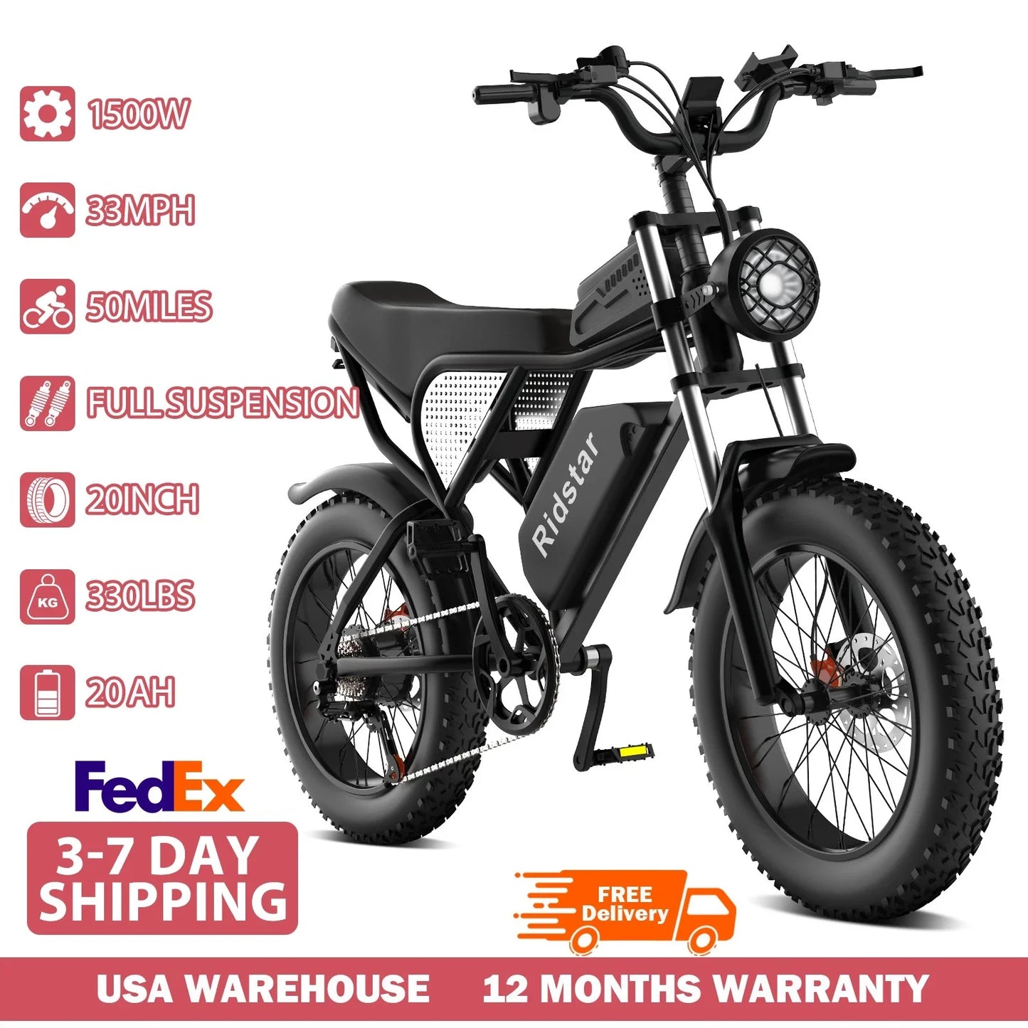 Electric Bike for Adults 1500W 33MPH 48V 20AH 20" Fat Tire Dirt Bike Shimano 7-Speed E-Bike Commuter Ebike Motorcycle