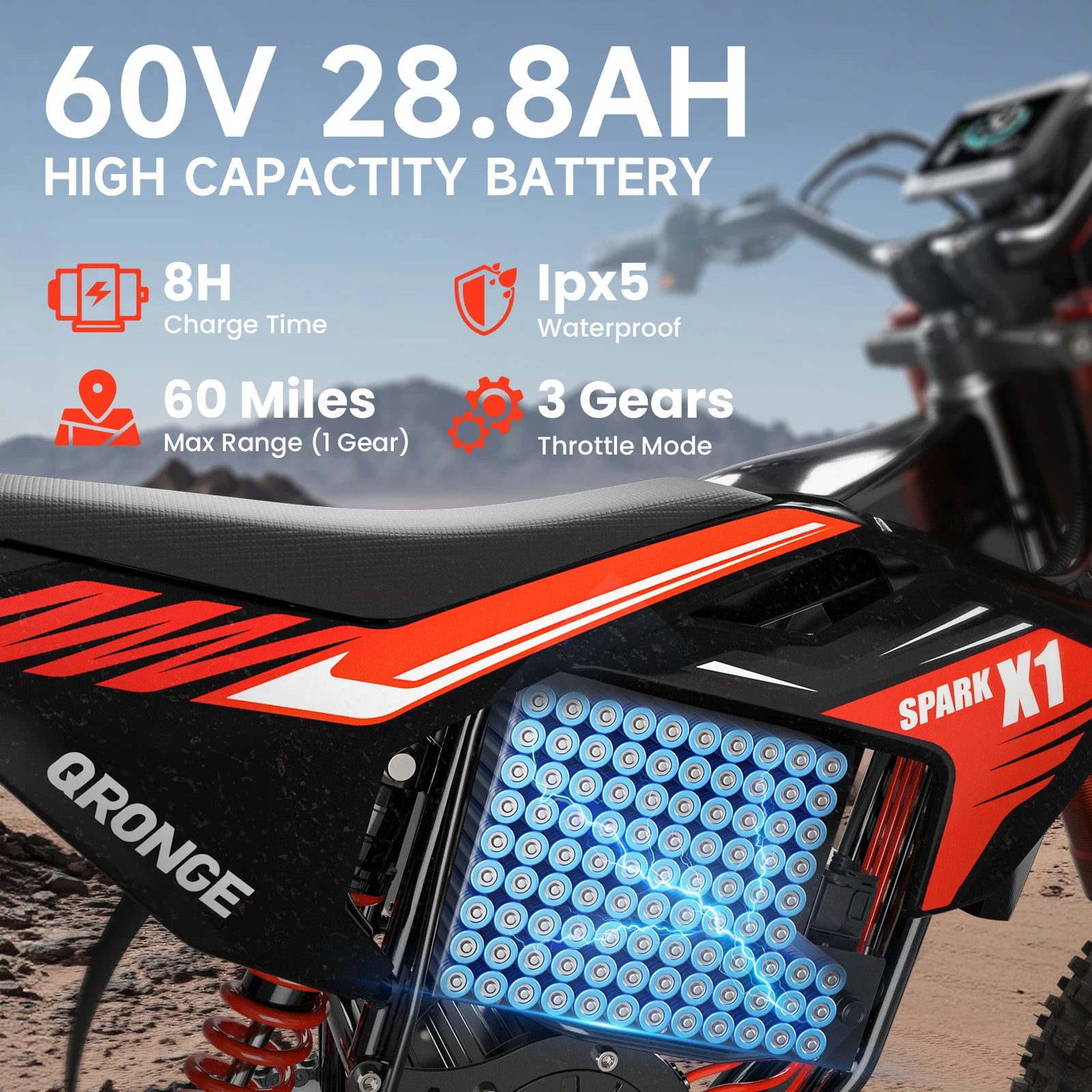X1 Spark Electric Dirt Bike 4500W Peak 60V 28.8Ah 50MPH Electric Motorcycle 14/12" Fat Tire Mountain Off-Road E-Bike