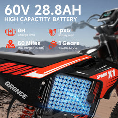 X1 Spark Electric Dirt Bike 4500W Peak 60V 28.8Ah 50MPH Electric Motorcycle 14/12" Fat Tire Mountain Off-Road E-Bike