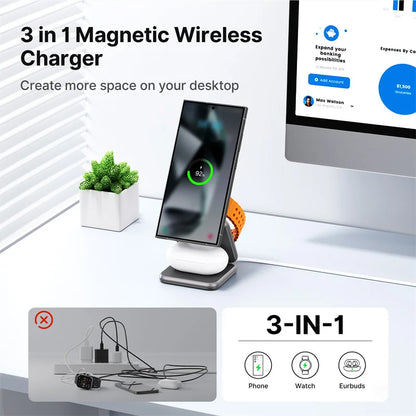 KUXIU Wireless Charger for  Galaxy 25 24 23 22 21 Ect Series  Watch 8 7 6 5/Buds 3 2 ,Metal Foldable Phone Holder