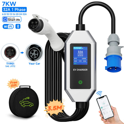 Power Up Your Drive: 7KW 32A Portable EV Charger with Smart WiFi Control for Type2/Type1 Electric Vehicles