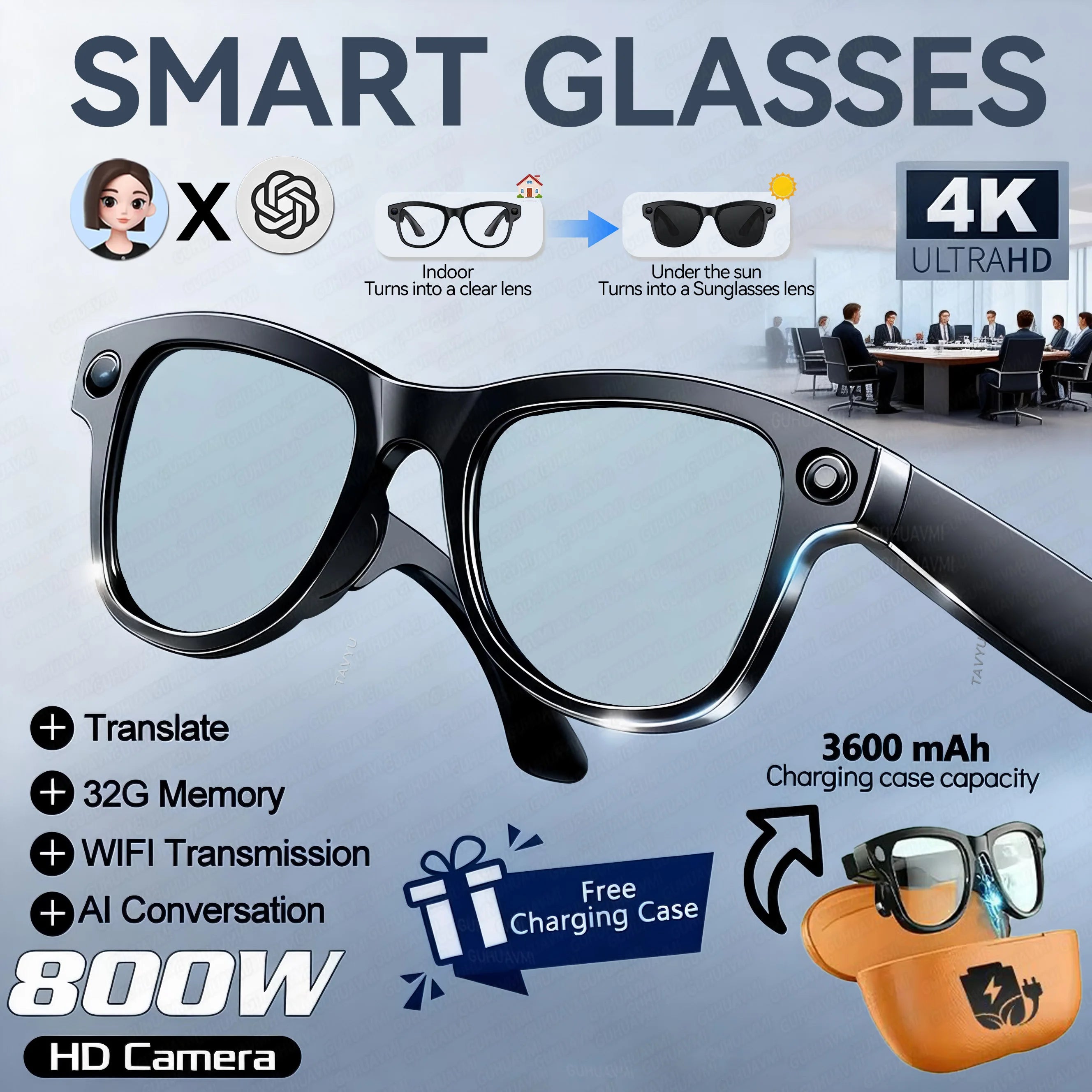 New 800W 4K HD Camera Smart Glasses Men 3600Mah Power Bank 100+ Languages Translation Recording Videos Music Player Call Glasses