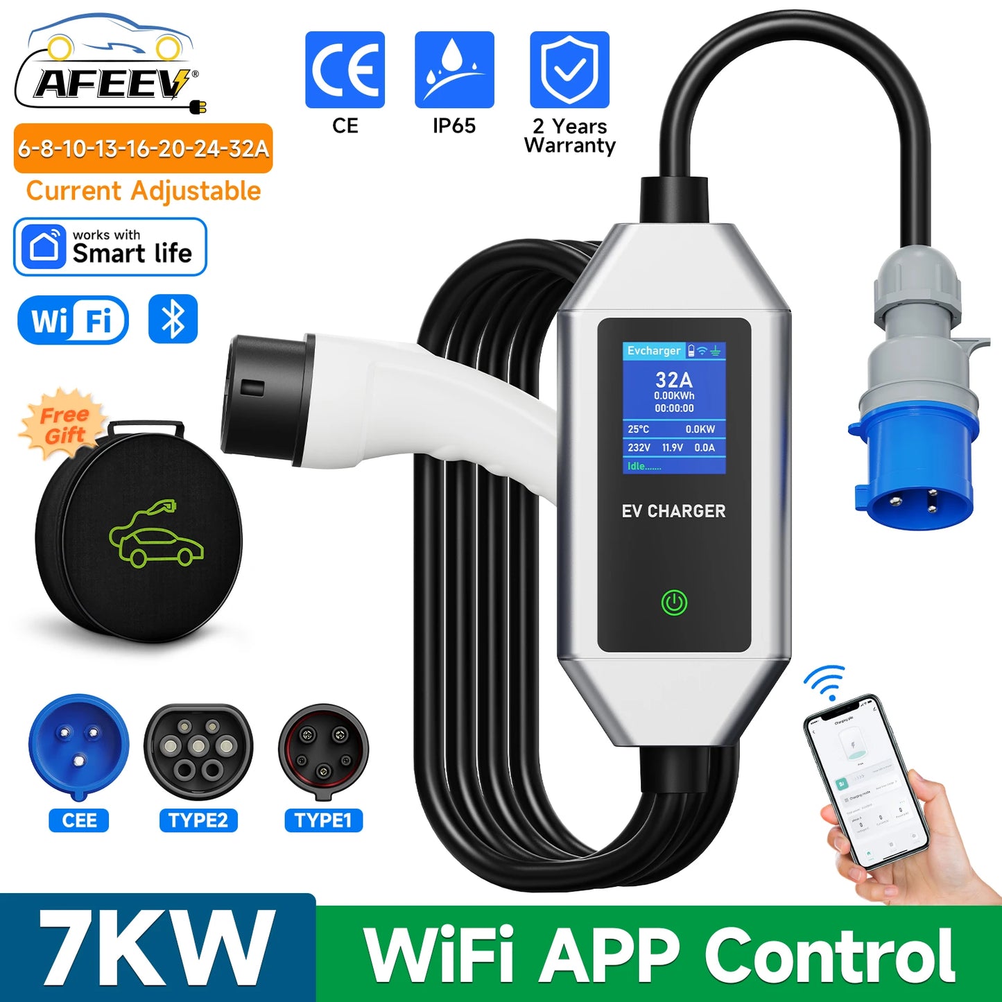 Power Up Your Drive: 7KW 32A Portable EV Charger with Smart WiFi Control for Type2/Type1 Electric Vehicles